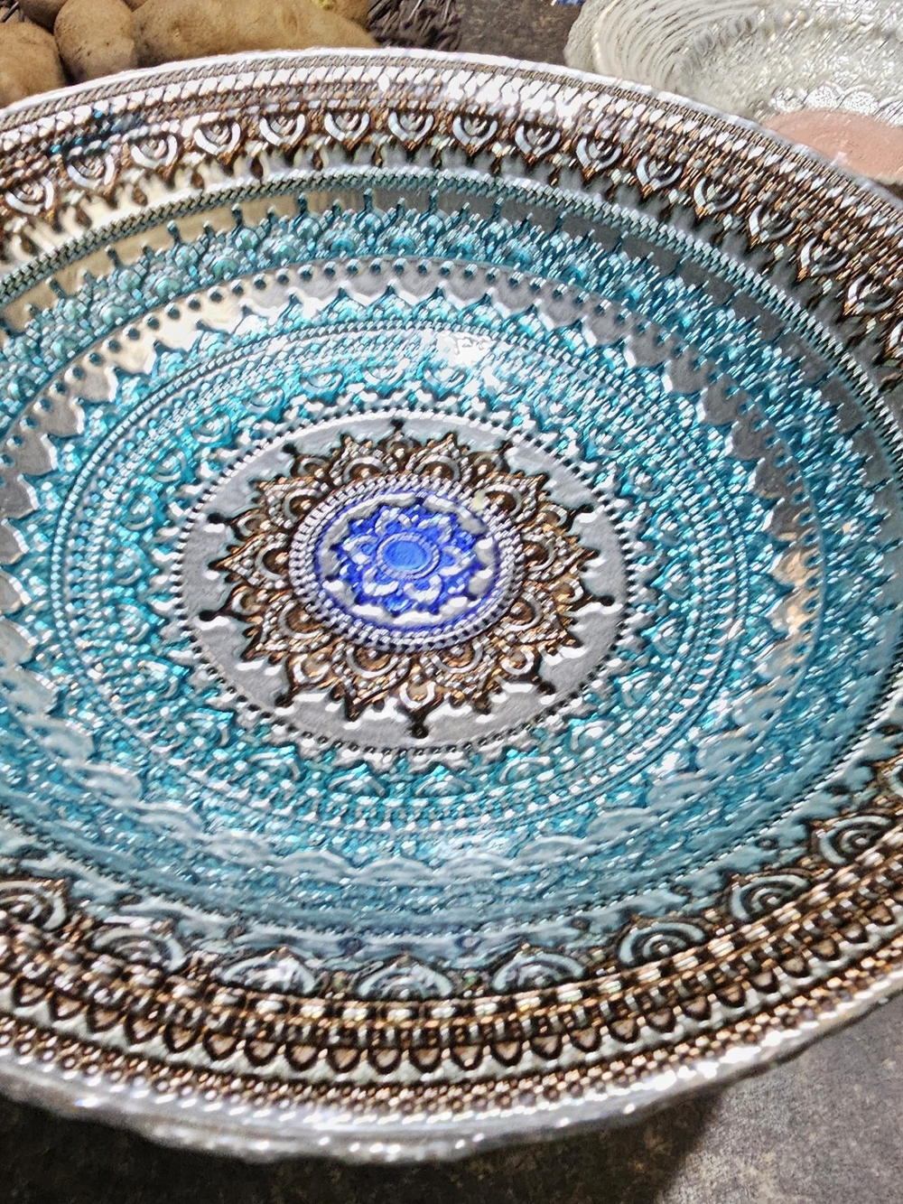 Hand Painted In India Turquoise & Silver Decorative Pedistle Plate - Home Art